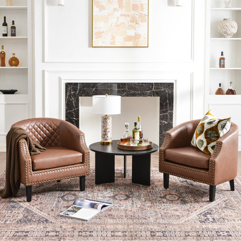 Louis Faux Leather Tufted Club Chair - Brown Accent Chair | Decorative Accent Chairs | Kinwell Furniture | Modern Club Chairs | Barrel Club Chair | Nailhead Trim Chair | Contemporary Faux Leather Chair | Elegant Brown Chair